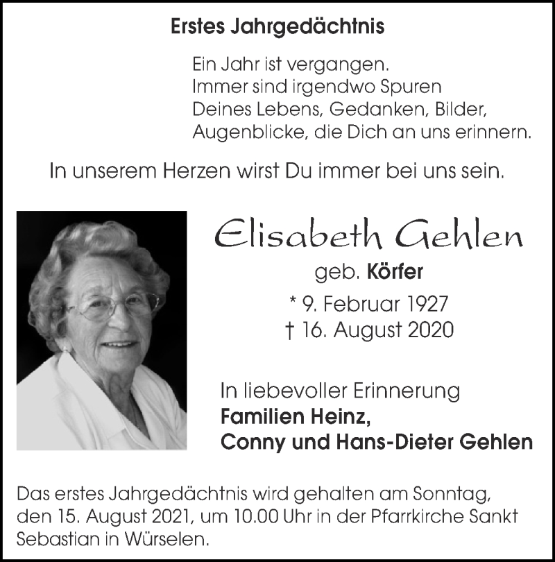 Traueranzeigen von Elisabeth Gehlen | Aachen gedenkt