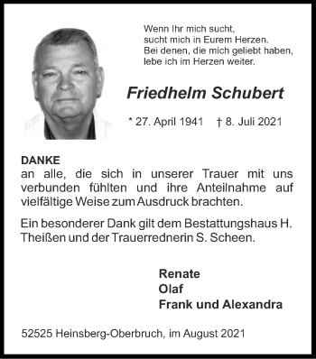 Traueranzeige von Friedhelm Schubert von Zeitung am Sonntag