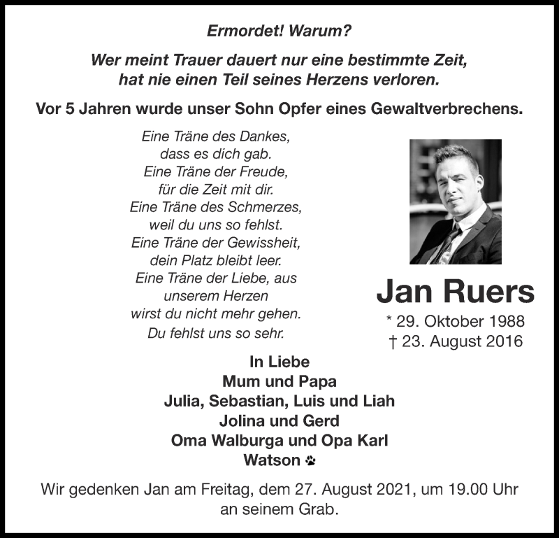  Traueranzeige für Jan Ruers vom 22.08.2021 aus Zeitung am Sonntag