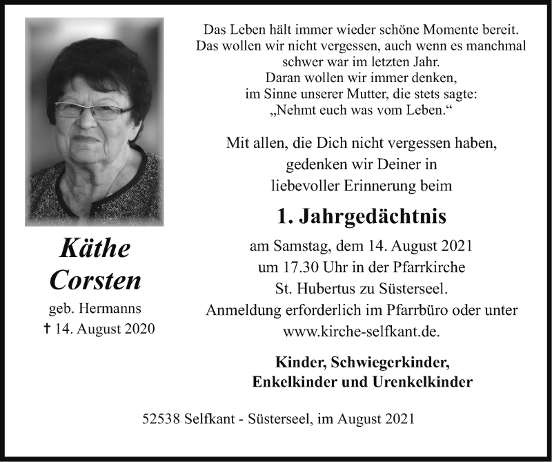 Traueranzeigen von Käthe Corsten | Aachen gedenkt