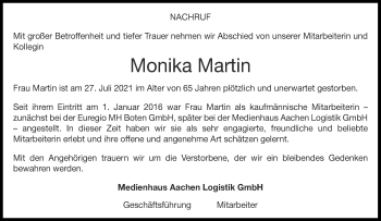 Traueranzeige von Monika Martin von Aachener Zeitung / Aachener Nachrichten