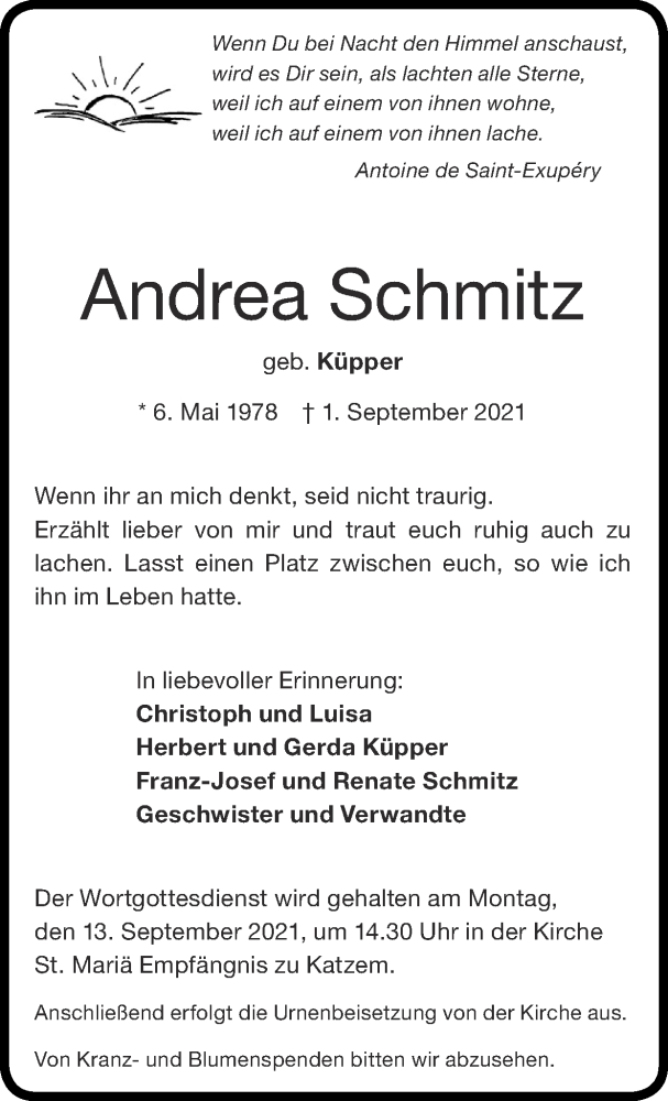  Traueranzeige für Andrea Schmitz vom 05.09.2021 aus Zeitung am Sonntag