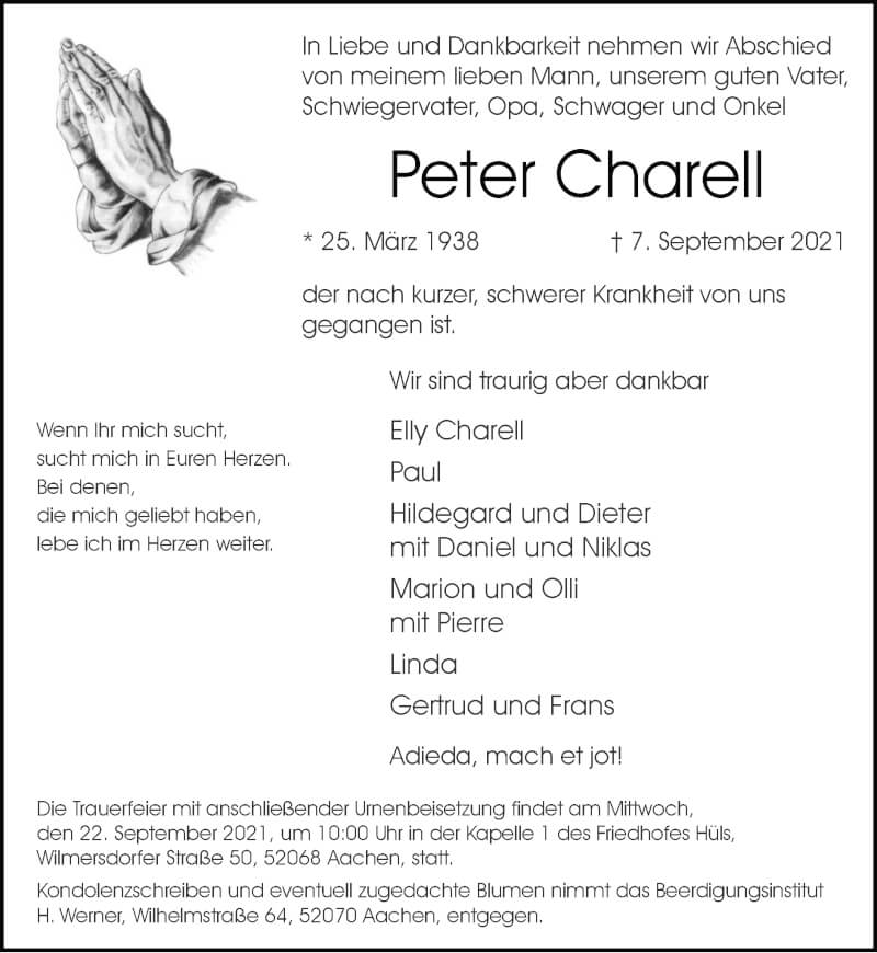  Traueranzeige für Peter Charell vom 19.09.2021 aus Zeitung am Sonntag