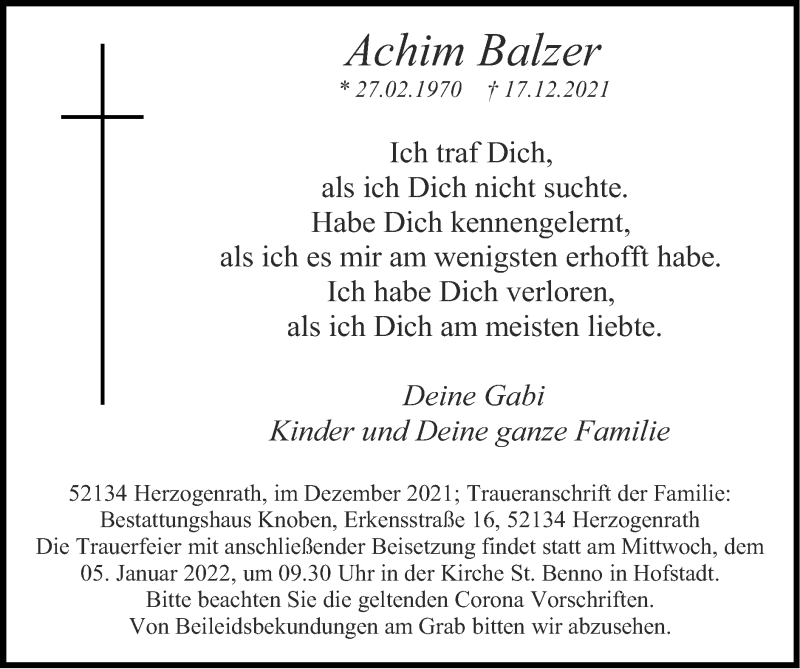  Traueranzeige für Achim Balzer vom 02.01.2022 aus Zeitung am Sonntag