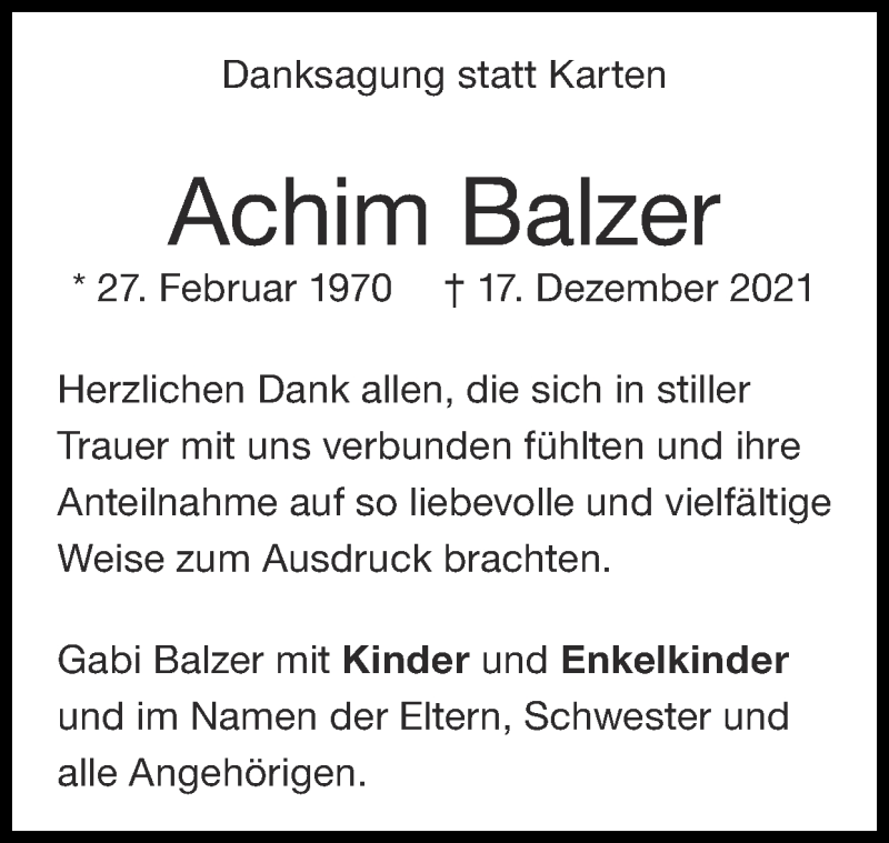  Traueranzeige für Achim Balzer vom 16.01.2022 aus Zeitung am Sonntag