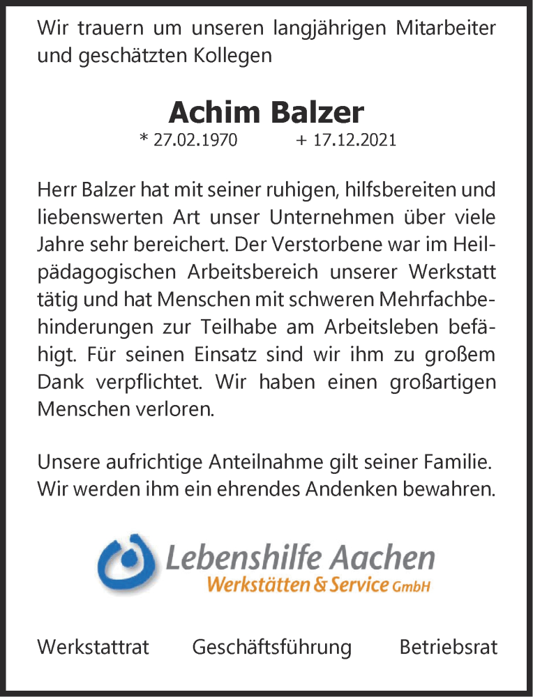  Traueranzeige für Achim Balzer vom 08.01.2022 aus Aachener Zeitung / Aachener Nachrichten