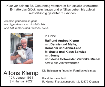 Traueranzeige von Alfons Klemp von Zeitung am Sonntag