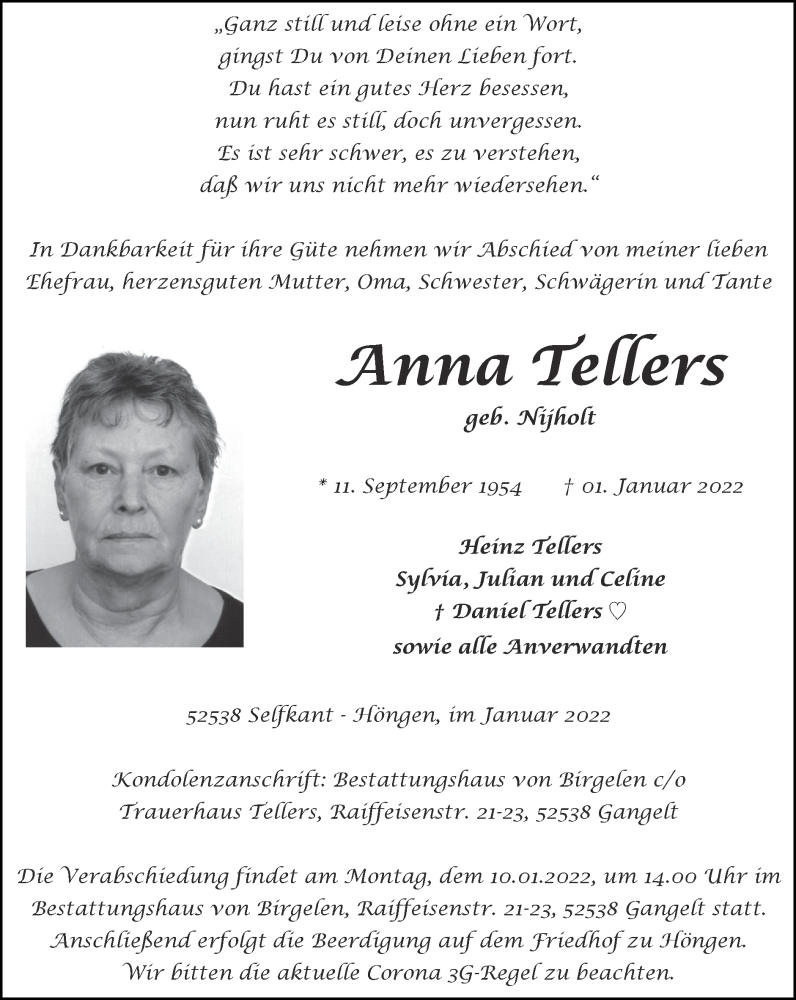 Traueranzeigen von Anna Tellers | Aachen gedenkt