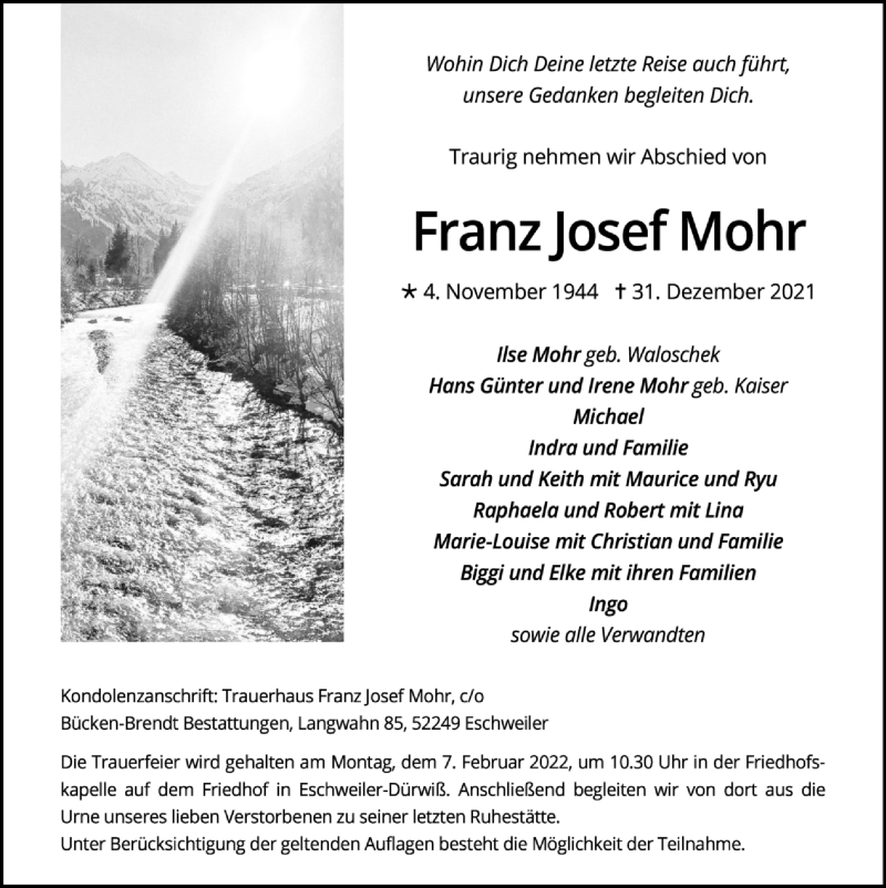  Traueranzeige für Franz Josef Mohr vom 30.01.2022 aus Zeitung am Sonntag