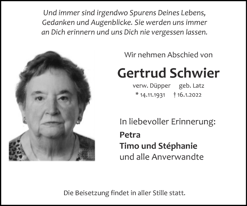 Traueranzeigen Von Gertrud Schwier | Aachen Gedenkt