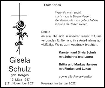 Traueranzeige von Gisela Schulz von Zeitung am Sonntag