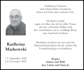 Traueranzeige von Karlheinz Markowski von Zeitung am Sonntag