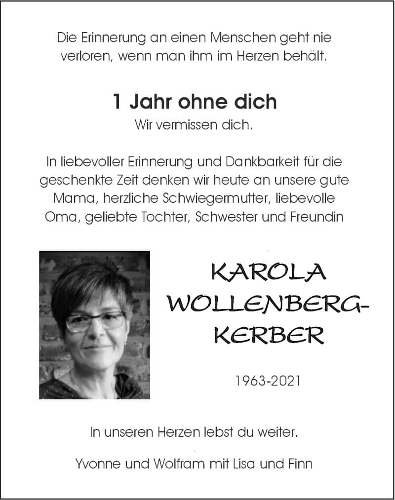  Traueranzeige für Karola Wollenberg-Kerber vom 23.01.2022 aus Zeitung am Sonntag