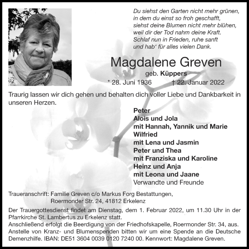 Traueranzeigen von Magdalene Greven | Aachen gedenkt