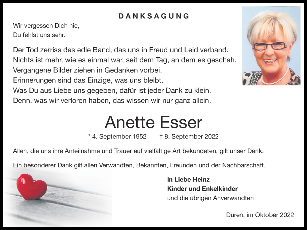 Traueranzeigen von Anette Esser | Aachen gedenkt