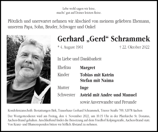 Traueranzeige von Gerhard Schrammek von Zeitung am Sonntag