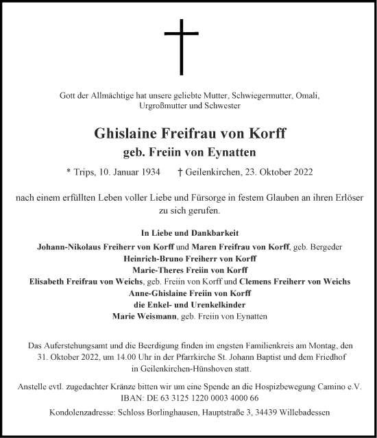 Traueranzeigen Von Ghislaine Freifrau Von Korff Aachen Gedenkt