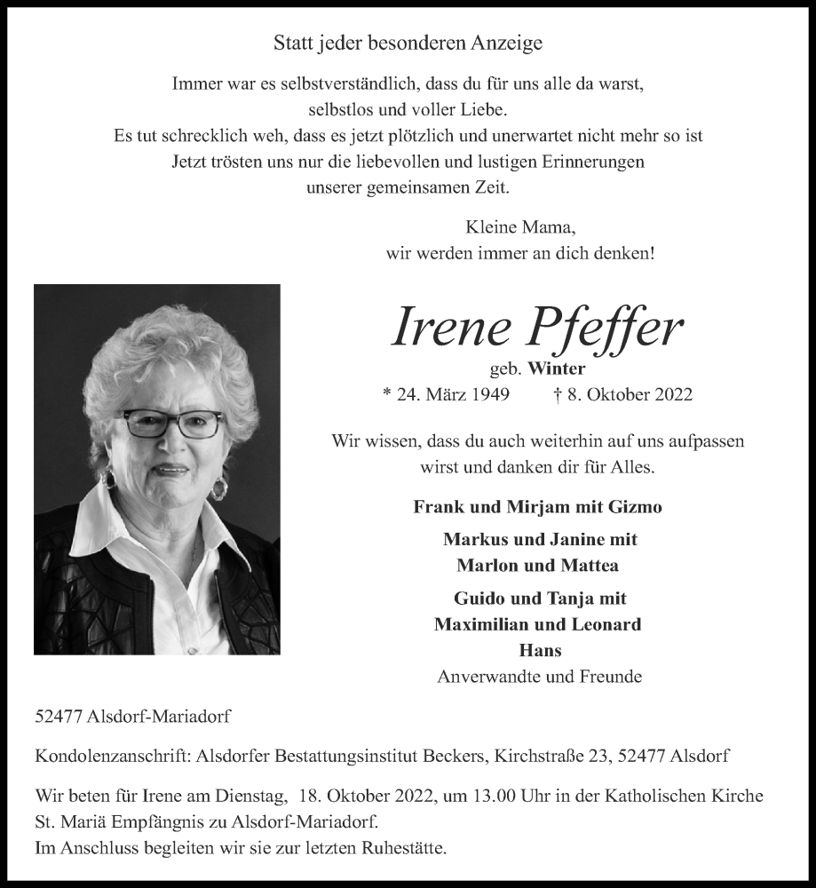 Traueranzeigen von Irene Pfeffer | Aachen gedenkt