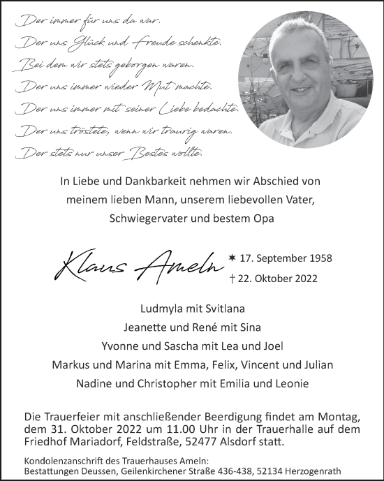 Traueranzeige von Klaus Ameln von Zeitung am Sonntag