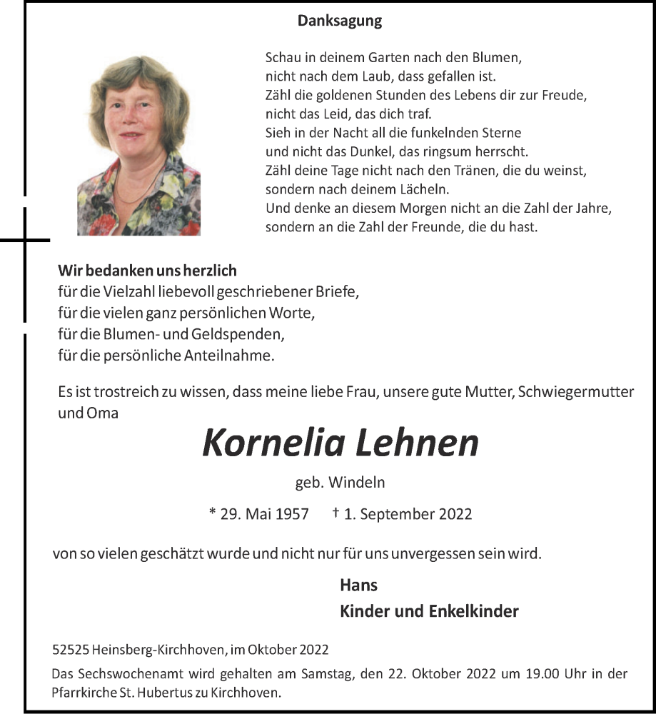 Traueranzeigen von Kornelia Lehnen | Aachen gedenkt