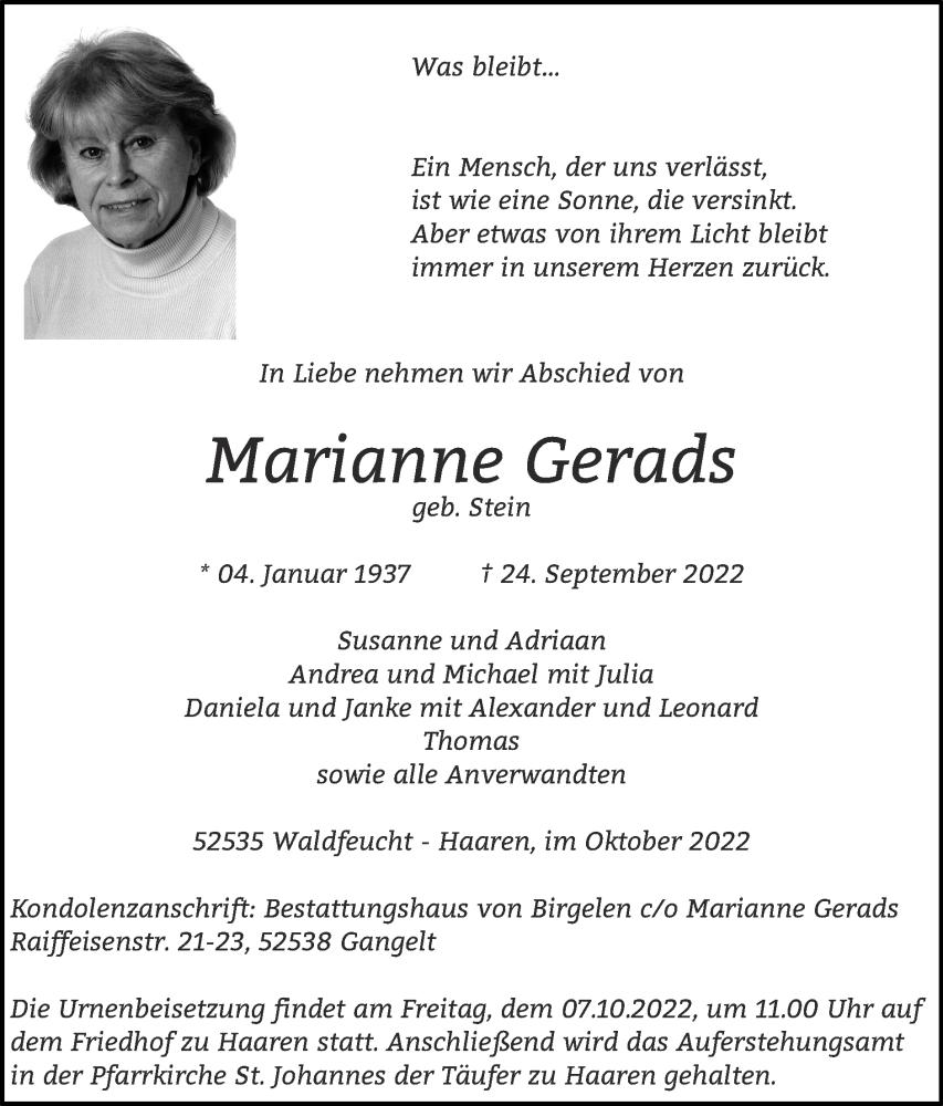 Traueranzeigen von Marianne Gerads | Aachen gedenkt