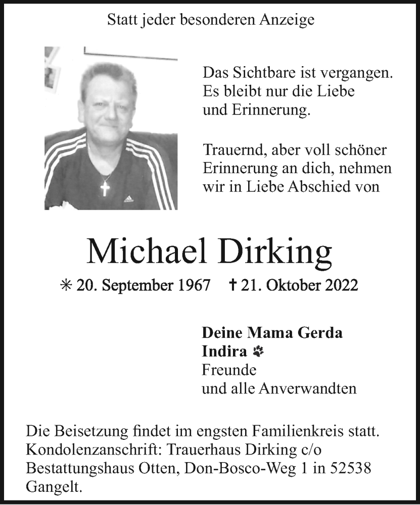  Traueranzeige für Michael Dirking vom 30.10.2022 aus Zeitung am Sonntag