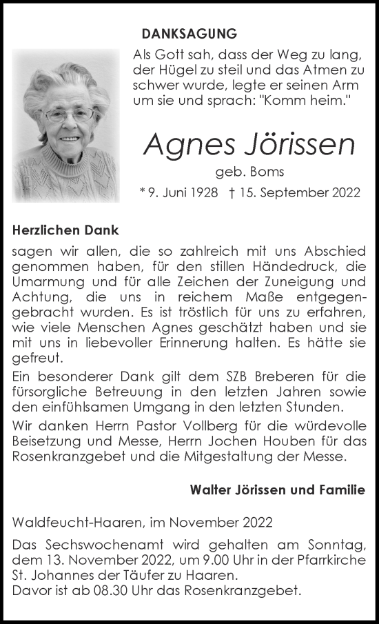 Traueranzeigen Von Agnes Jörissen Aachen Gedenkt 8294