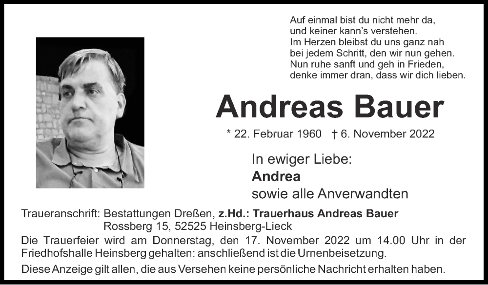  Traueranzeige für Andreas Bauer vom 13.11.2022 aus Zeitung am Sonntag