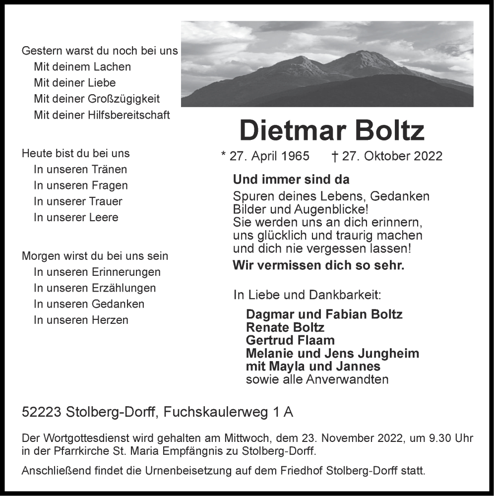  Traueranzeige für Dietmar Boltz vom 20.11.2022 aus Zeitung am Sonntag