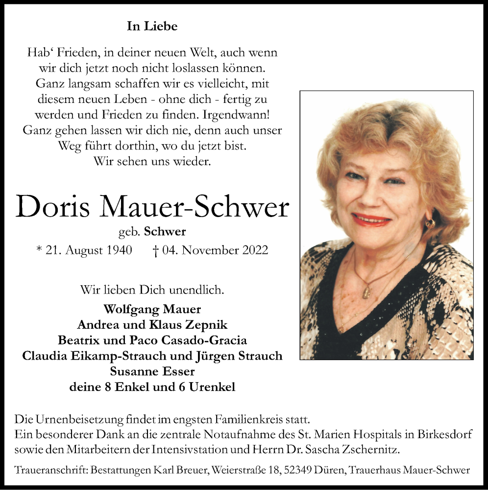  Traueranzeige für Doris Mauer-Schwer vom 13.11.2022 aus Zeitung am Sonntag