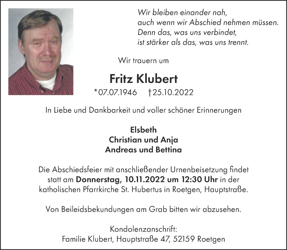  Traueranzeige für Fritz Klubert vom 05.11.2022 aus Aachener Zeitung / Aachener Nachrichten