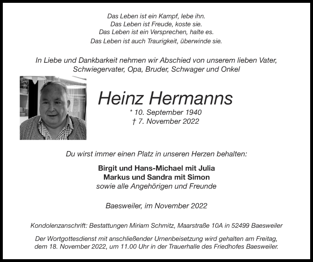 Traueranzeigen von Heinz Hermanns | Aachen gedenkt