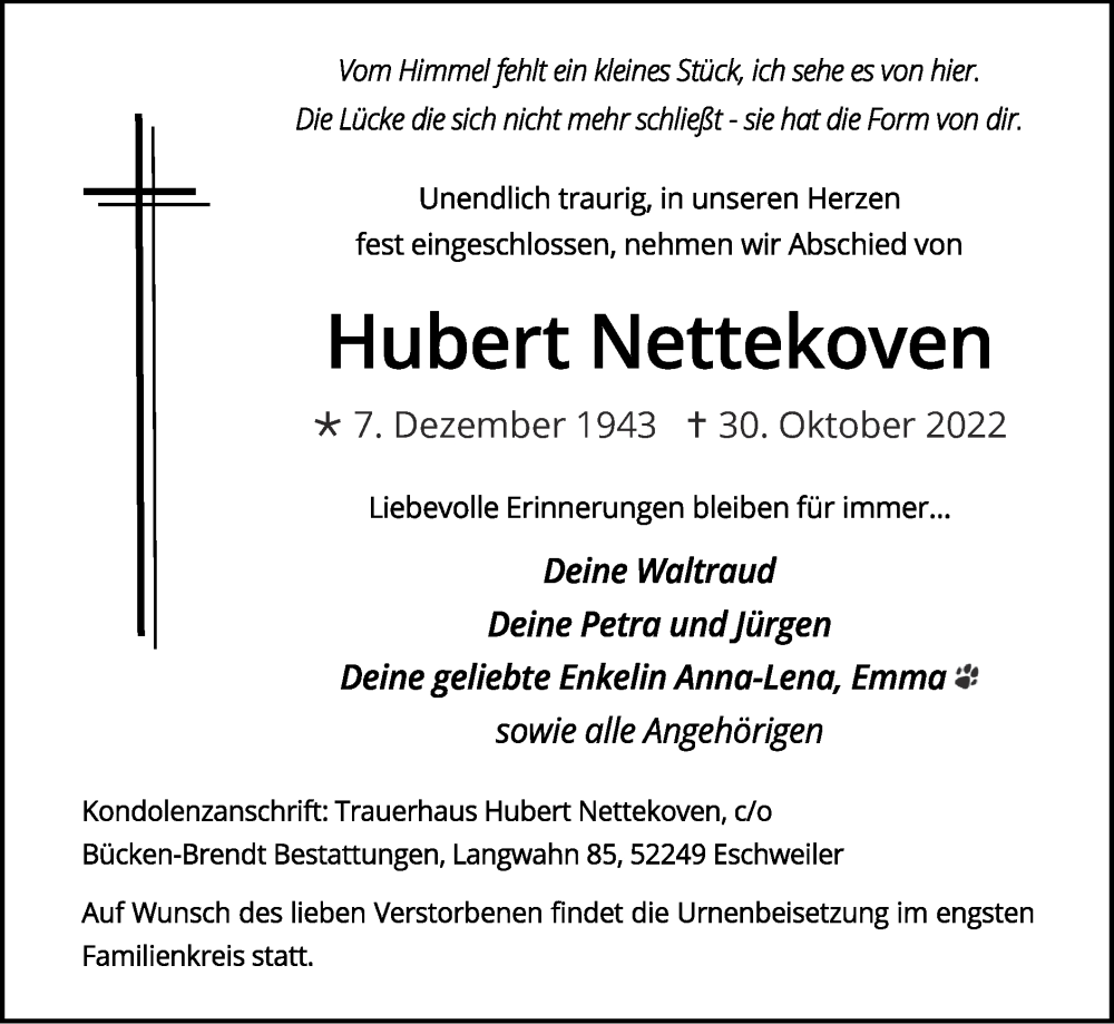  Traueranzeige für Hubert Nettekoven vom 13.11.2022 aus Zeitung am Sonntag