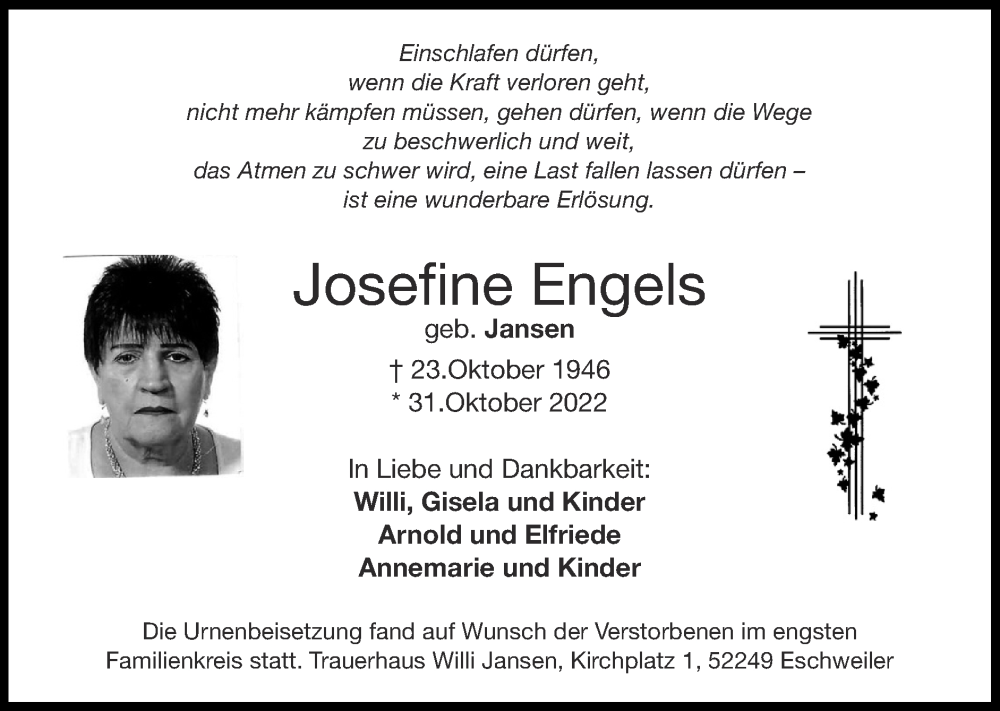 Traueranzeigen von Josefine Engels | Aachen gedenkt