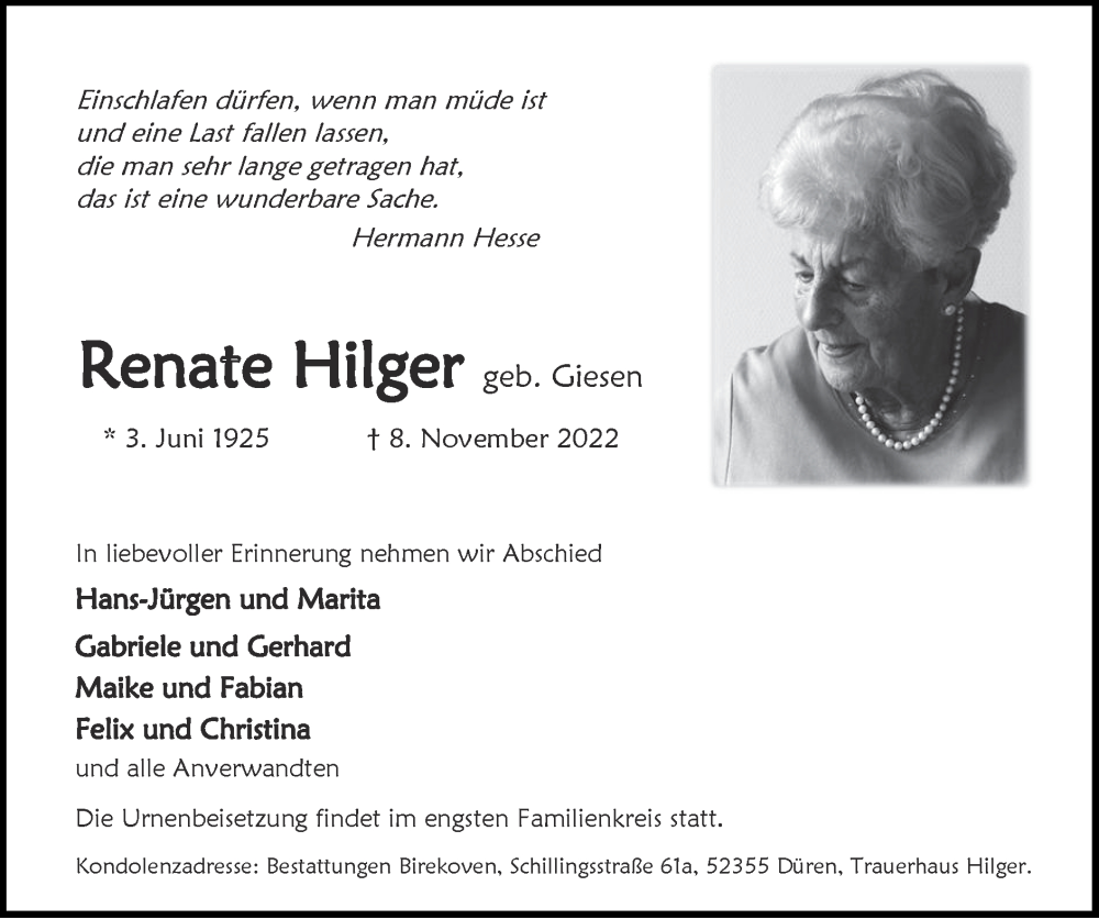 Traueranzeigen von Renate Hilger | Aachen gedenkt