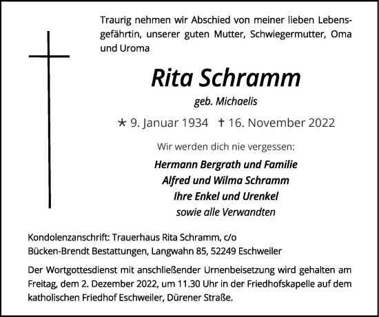Traueranzeigen Von Rita Schramm Aachen Gedenkt 