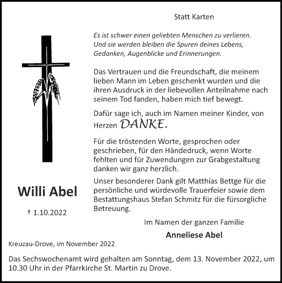 Traueranzeige von Willi Abel von Zeitung am Sonntag