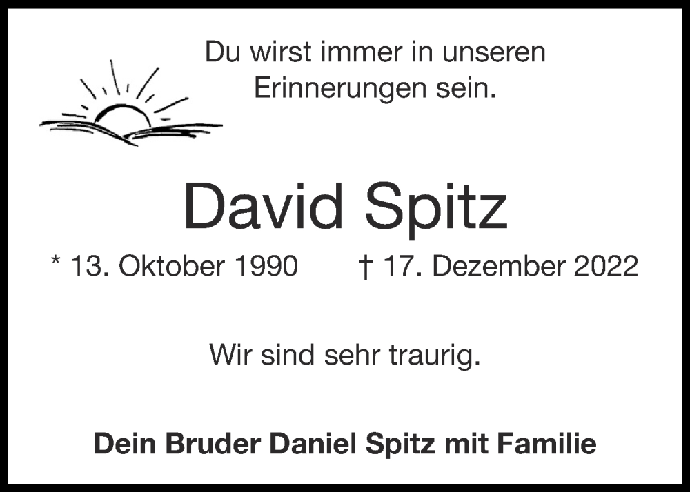  Traueranzeige für David Spitz vom 24.12.2022 aus Aachener Zeitung / Aachener Nachrichten