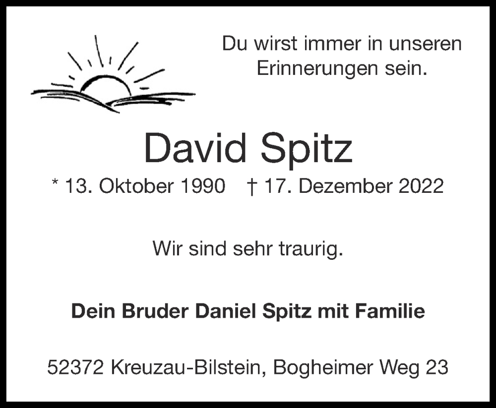  Traueranzeige für David Spitz vom 01.01.2023 aus Zeitung am Sonntag