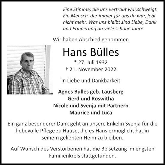 Traueranzeige von Hans Bülles von Zeitung am Sonntag