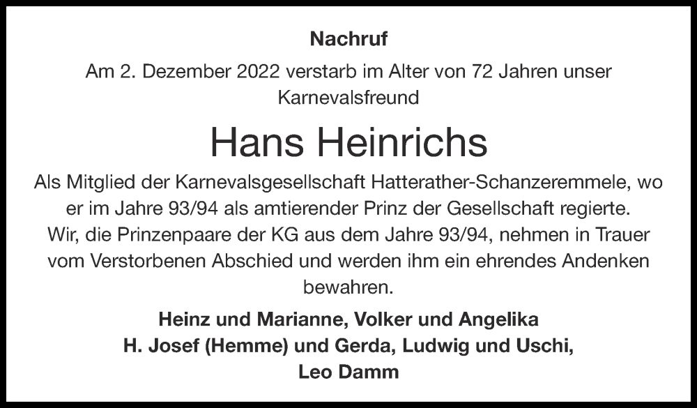 Traueranzeigen Von Hans Heinrichs | Aachen Gedenkt