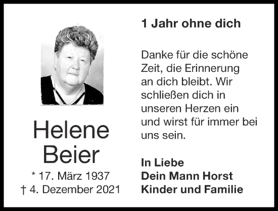 Traueranzeige von Helene Beier von Zeitung am Sonntag