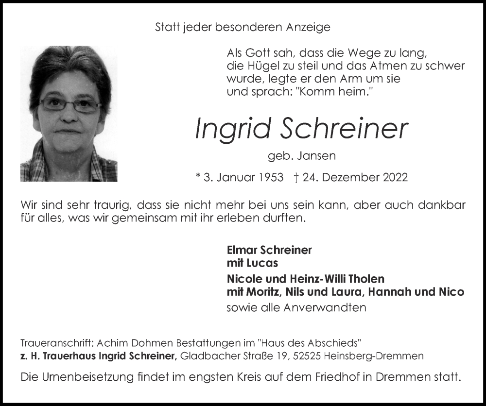 Traueranzeigen von Ingrid Schreiner | Aachen gedenkt