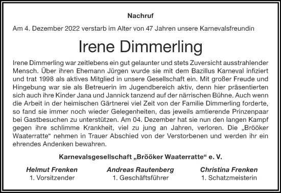 Traueranzeige von Irene Dimmerling von Zeitung am Sonntag