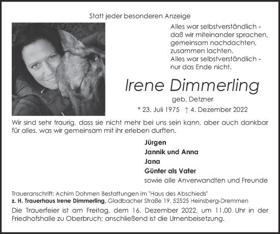 Traueranzeige von Irene Dimmerling von Zeitung am Sonntag