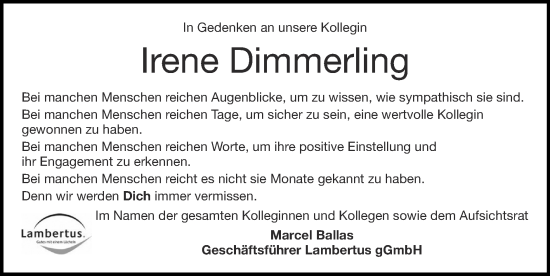 Traueranzeige von Irene Dimmerling von Zeitung am Sonntag