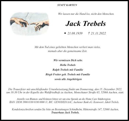 Traueranzeige von Jack Trebels von Zeitung am Sonntag