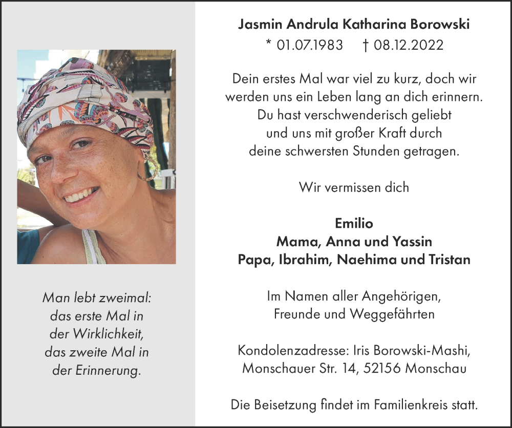 Traueranzeigen von Jasmin Andrula Katharina Borowski | Aachen gedenkt