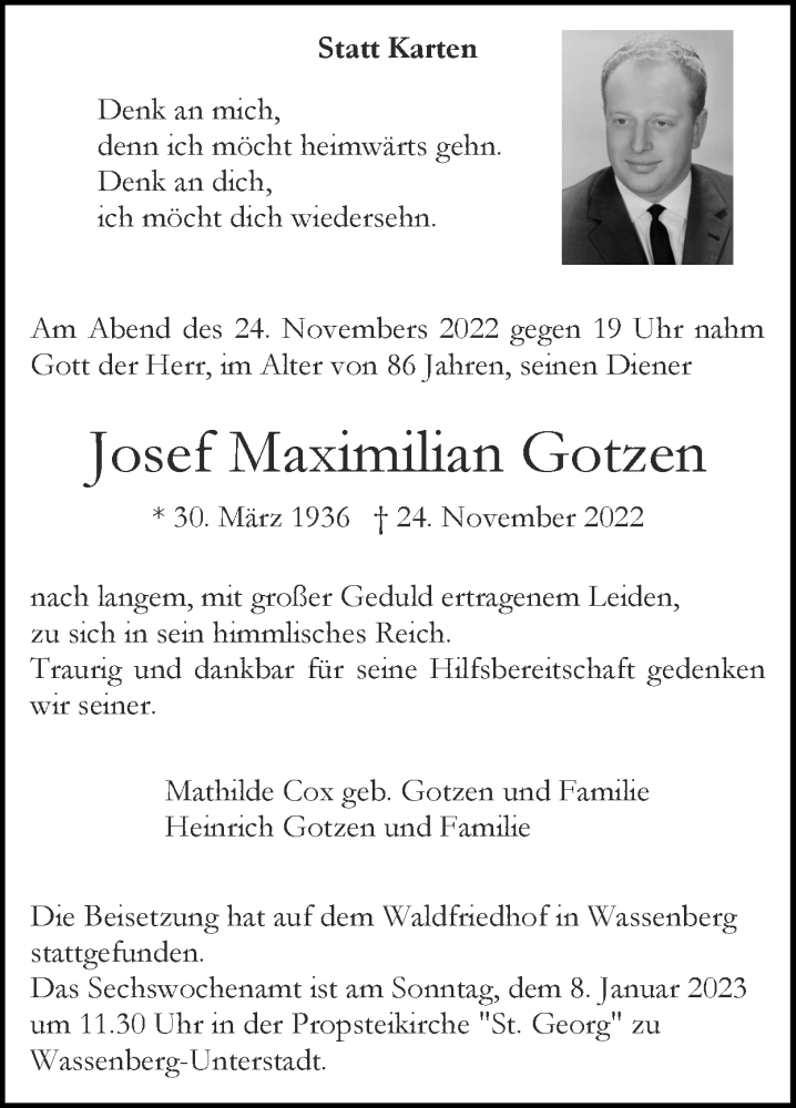  Traueranzeige für Josef Maximilian Gotzen vom 18.12.2022 aus Zeitung am Sonntag