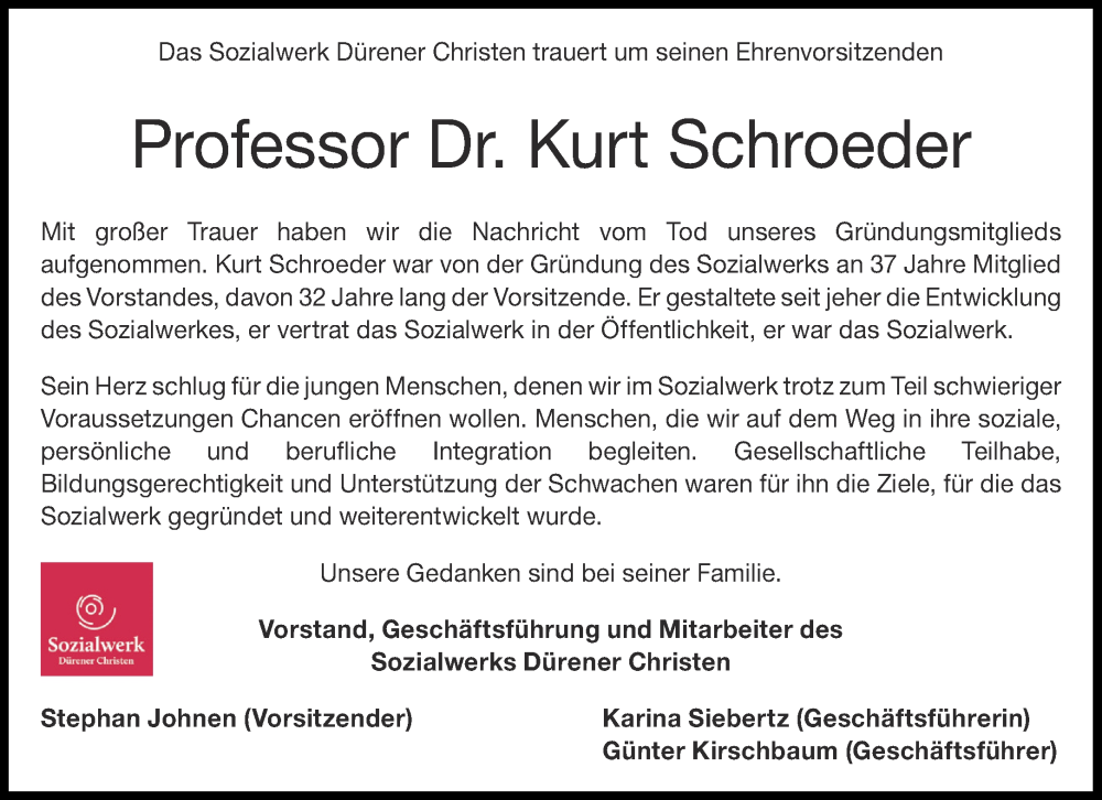  Traueranzeige für Kurt Schroeder vom 03.12.2022 aus Aachener Zeitung / Aachener Nachrichten